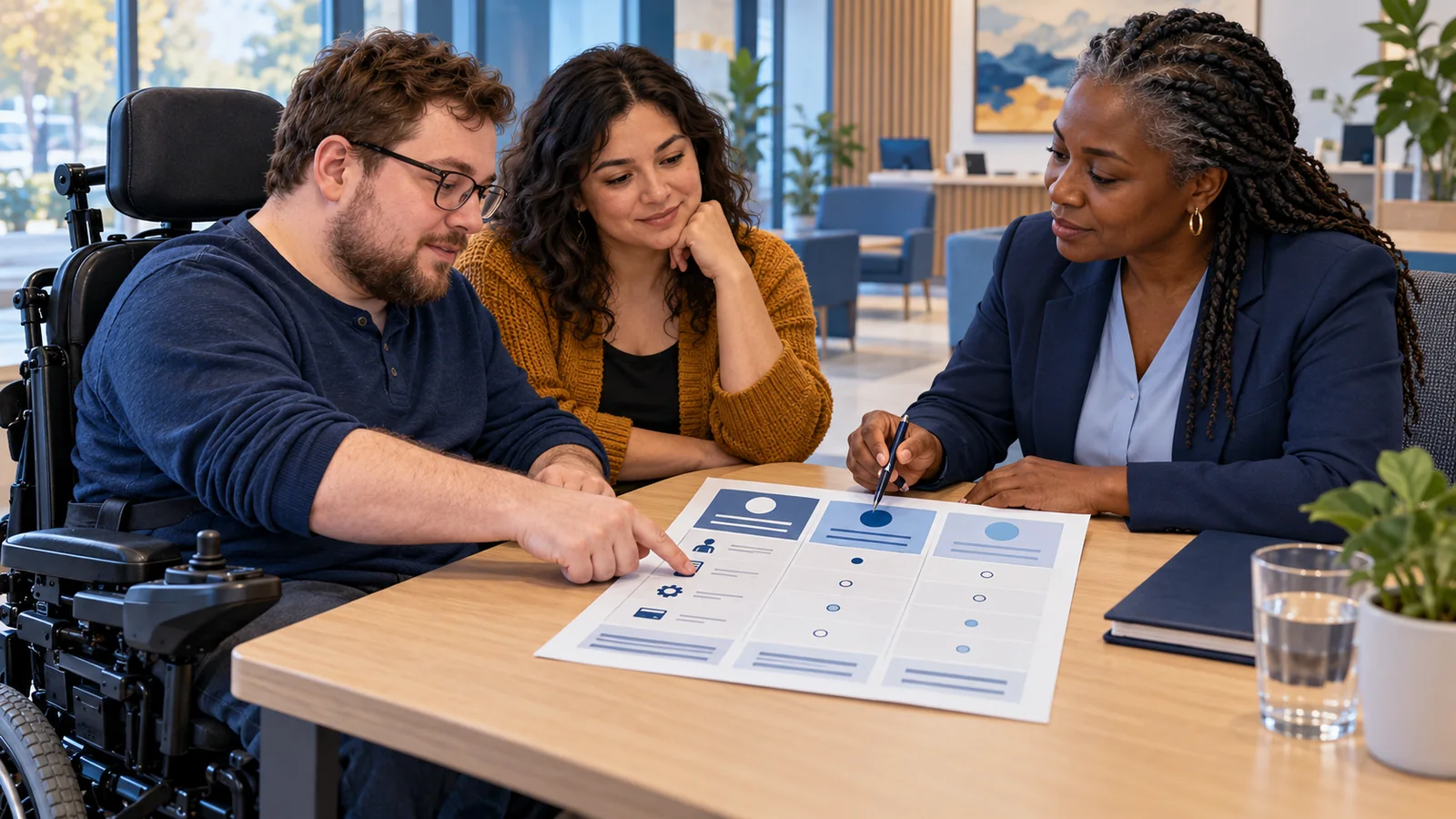 Illustration of an adult reviewing a plan comparison with a financial adviser and chosen support person.