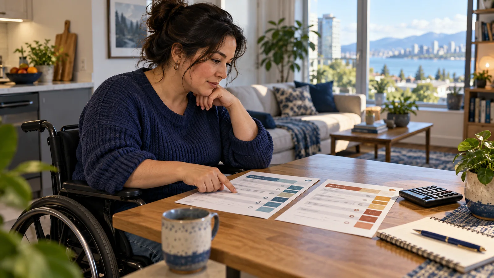 Illustration of a wheelchair user comparing two abstract service proposals at a home work table.