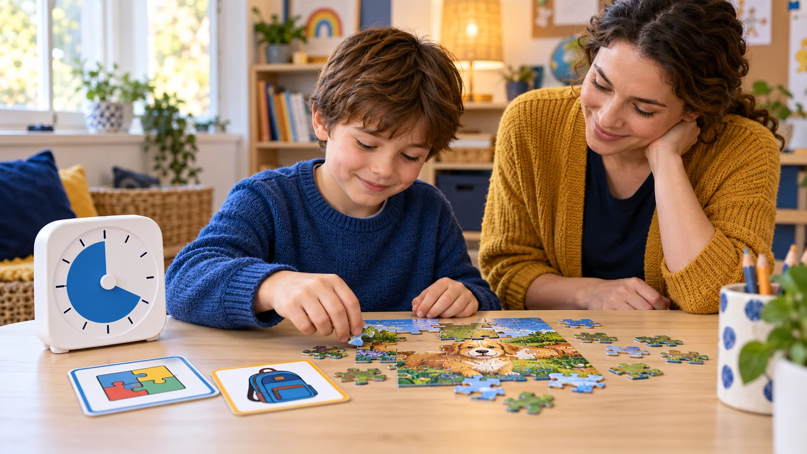 Illustration of a child and parent doing a jigsaw beside a visual countdown timer and next-activity picture cards.