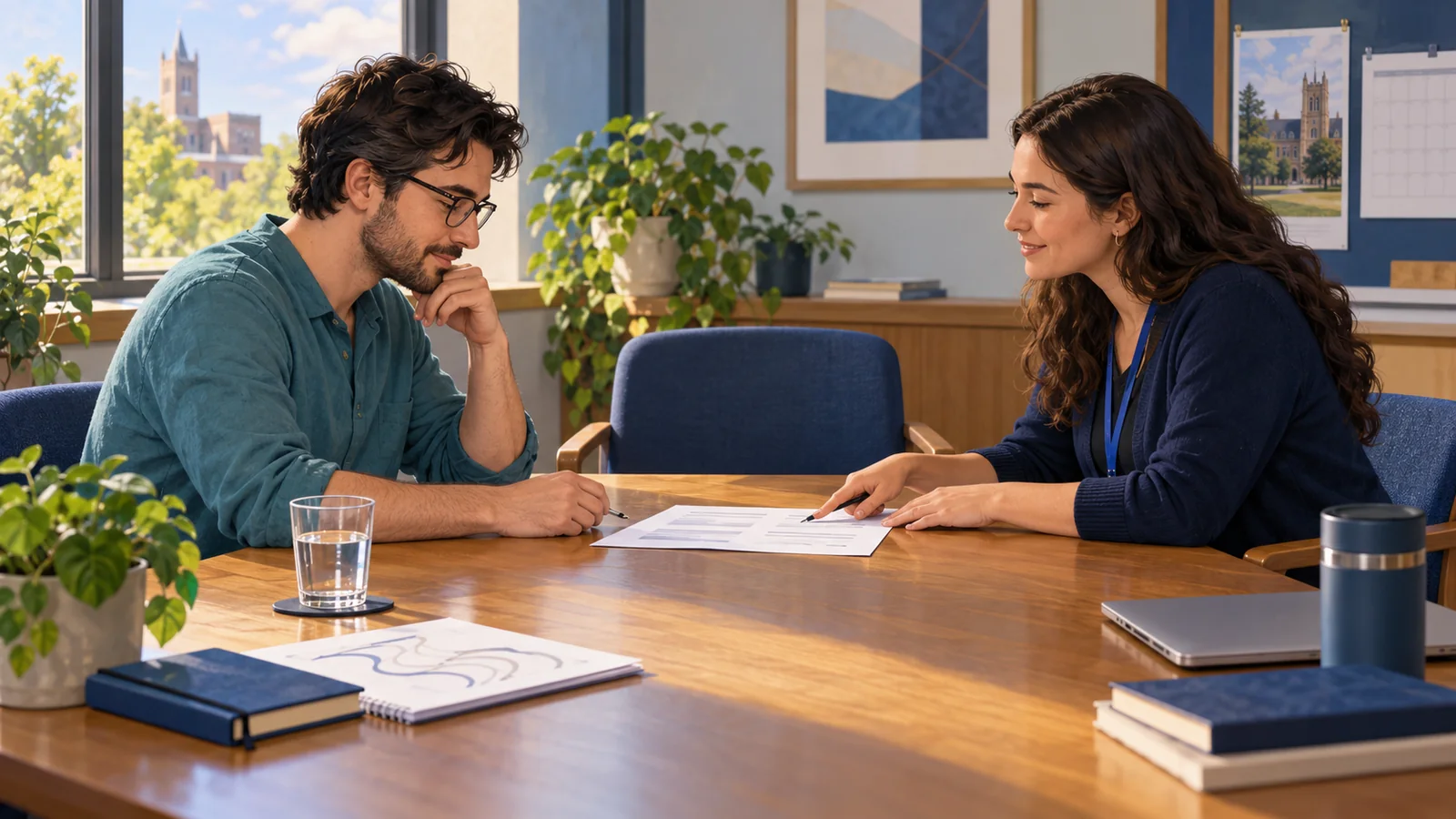 Illustration of an adult reviewing study consent information with a research coordinator in a quiet meeting room.