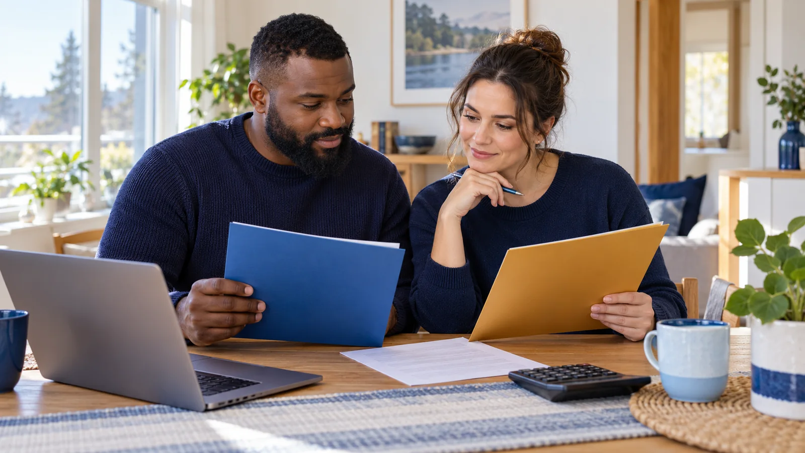 Illustration of two adult partners comparing benefit documents at a kitchen table.