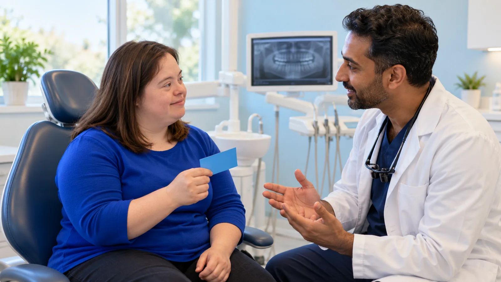 Illustration of an adult patient discussing a preferences card with a dentist before an examination.