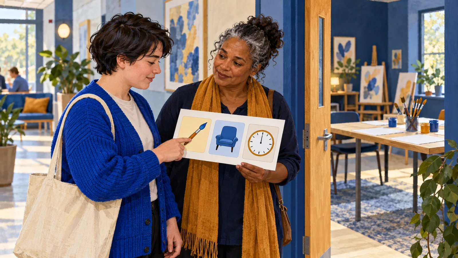 Illustration of an adult choosing an art activity using a visual card while a companion listens.