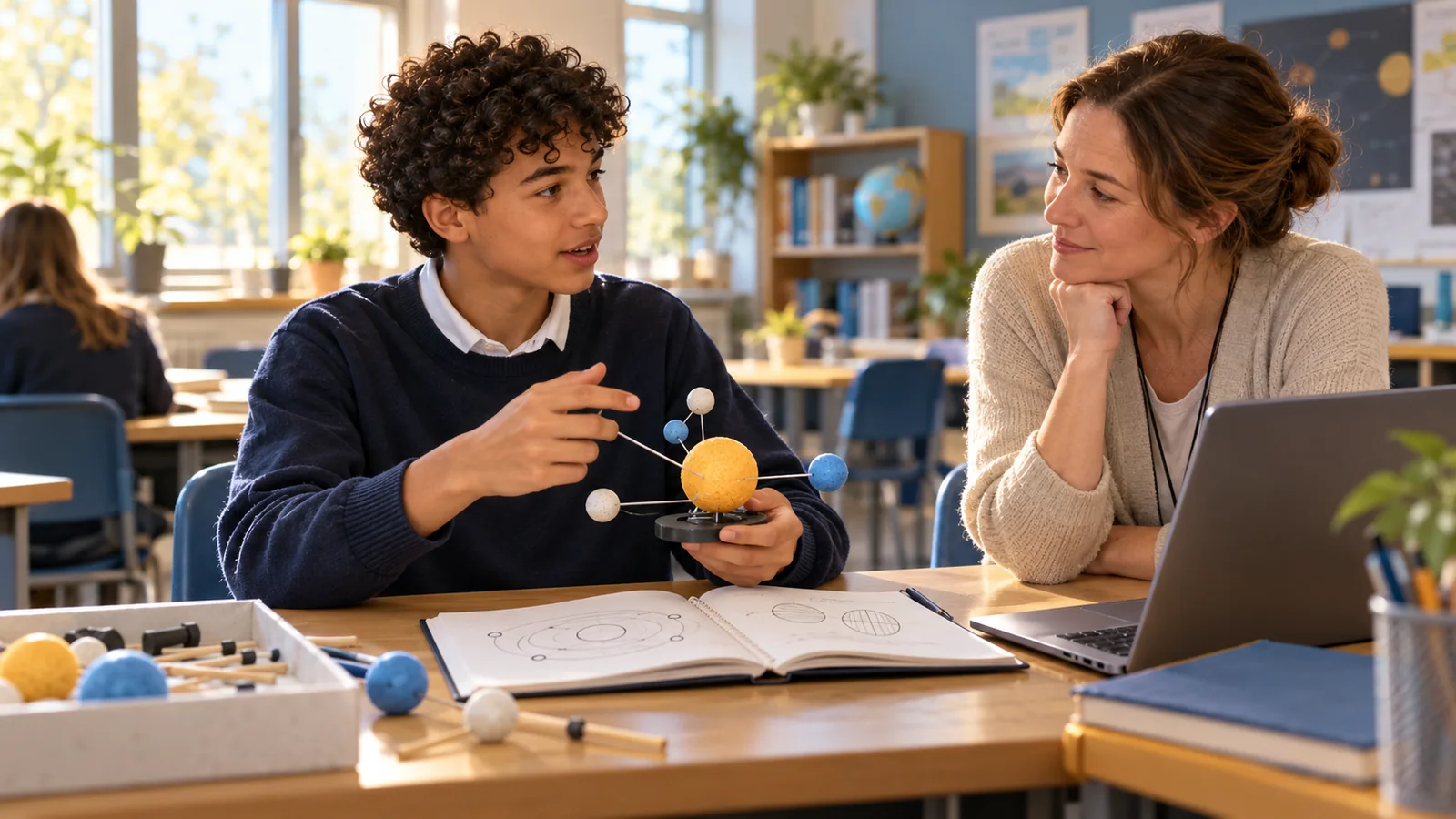 Illustration of a teenager explaining a model beside a laptop and notebook while a teacher listens.