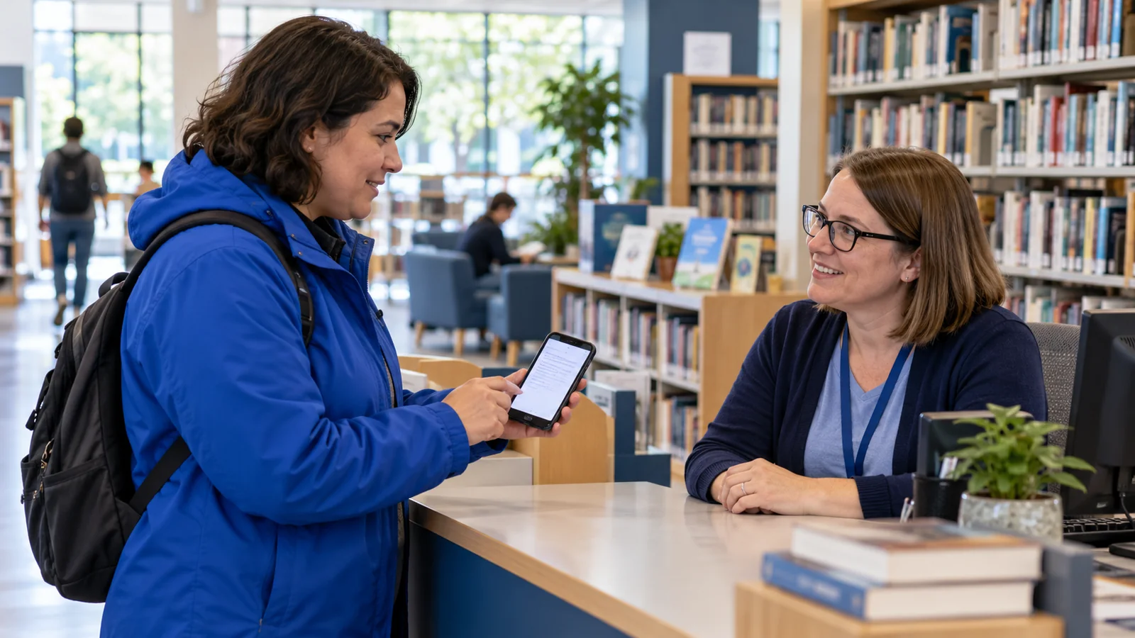 Illustration of an adult using a typed phone note to discuss an access request with a library staff member.