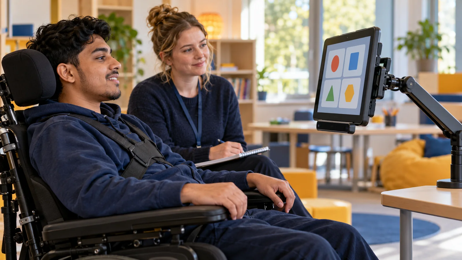 Illustration of a wheelchair user looking at a mounted tablet with an eye-tracking sensor while a support specialist observes.