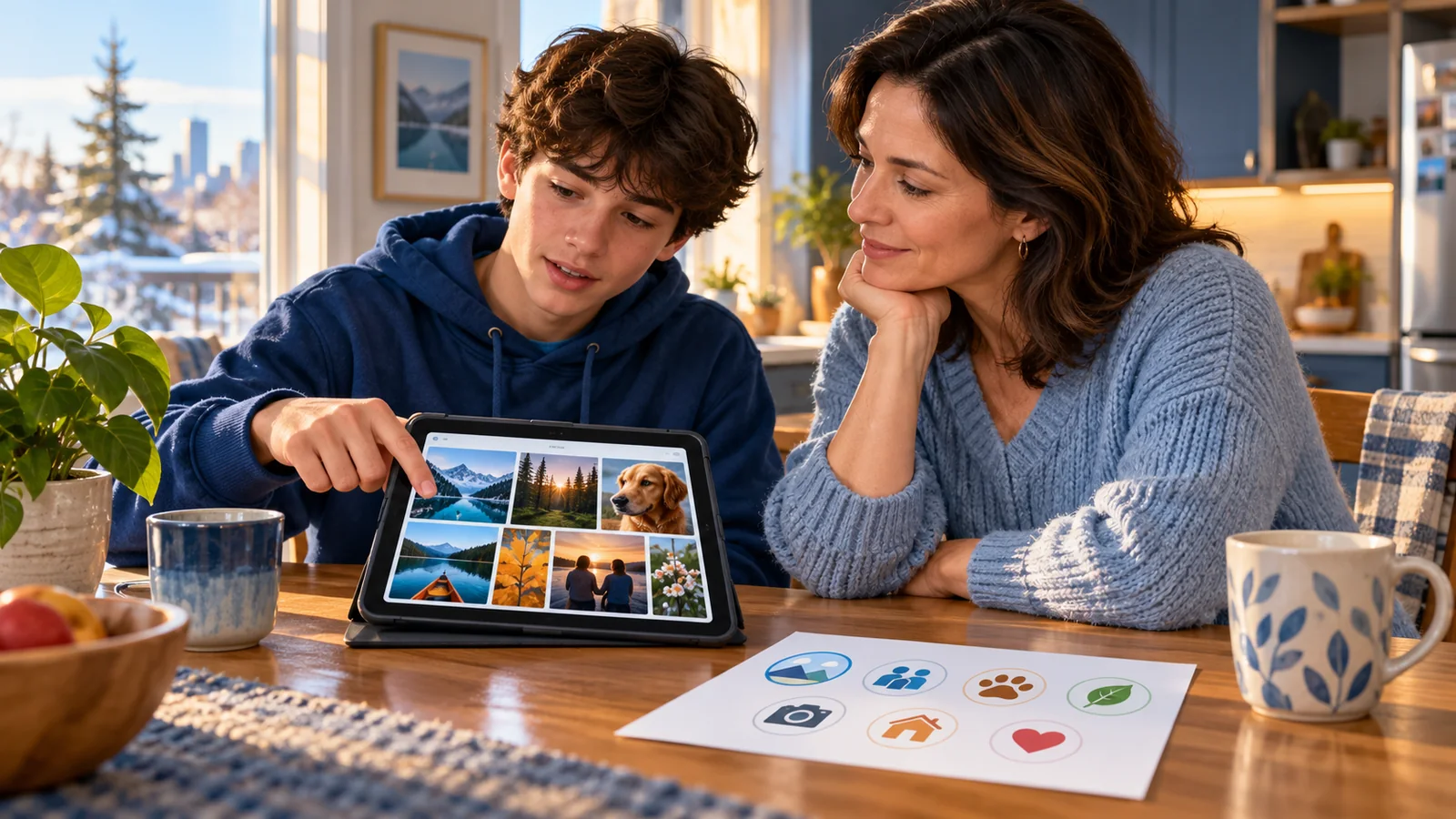 Illustration of a teenager and parent discussing photographs on a tablet at a kitchen table.