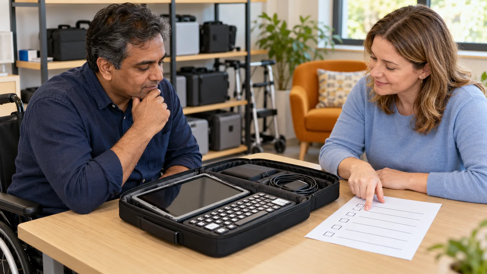 Illustration of a visitor and staff member reviewing a tablet and keyboard in a loan-equipment case.