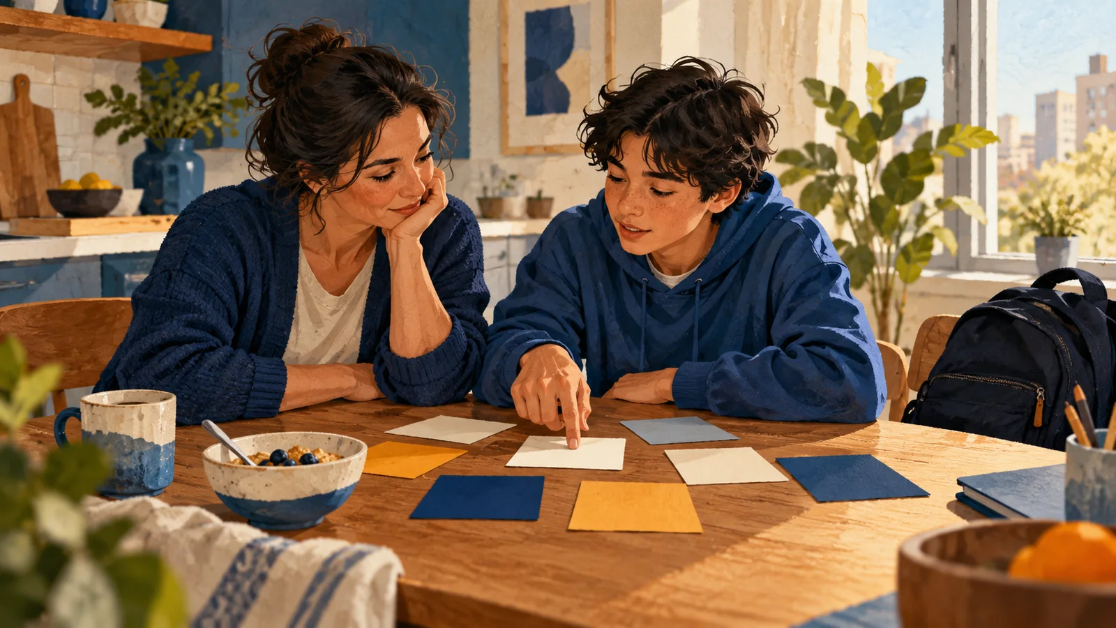 Illustration of a teenager and an adult arranging blank planning cards together at a kitchen table.
