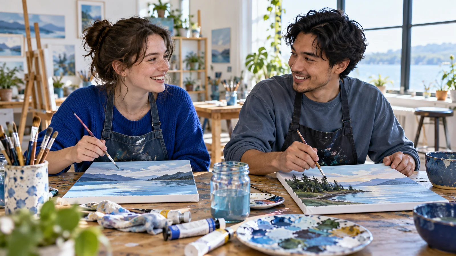 Illustration of two adults painting side by side and sharing a relaxed conversation.