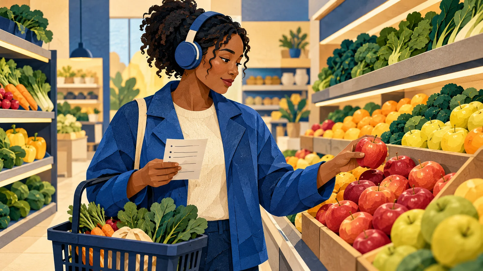 Illustration of a shopper wearing headphones, consulting a short list and choosing an apple in a grocery aisle.