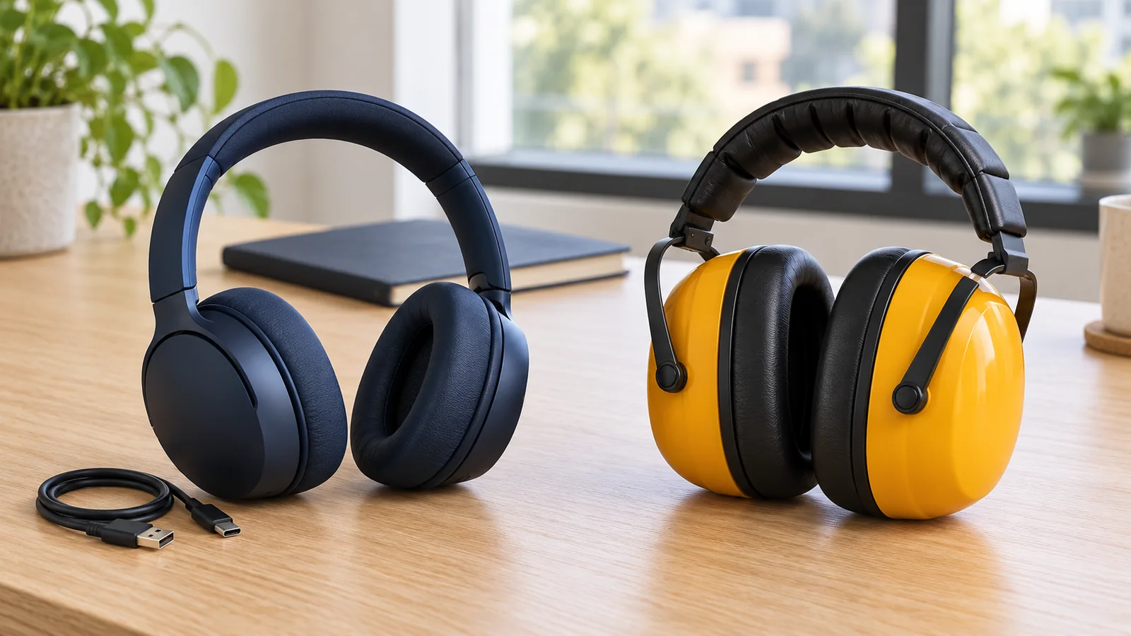 Illustration of navy consumer headphones and amber hearing-protection earmuffs placed separately on a desk.