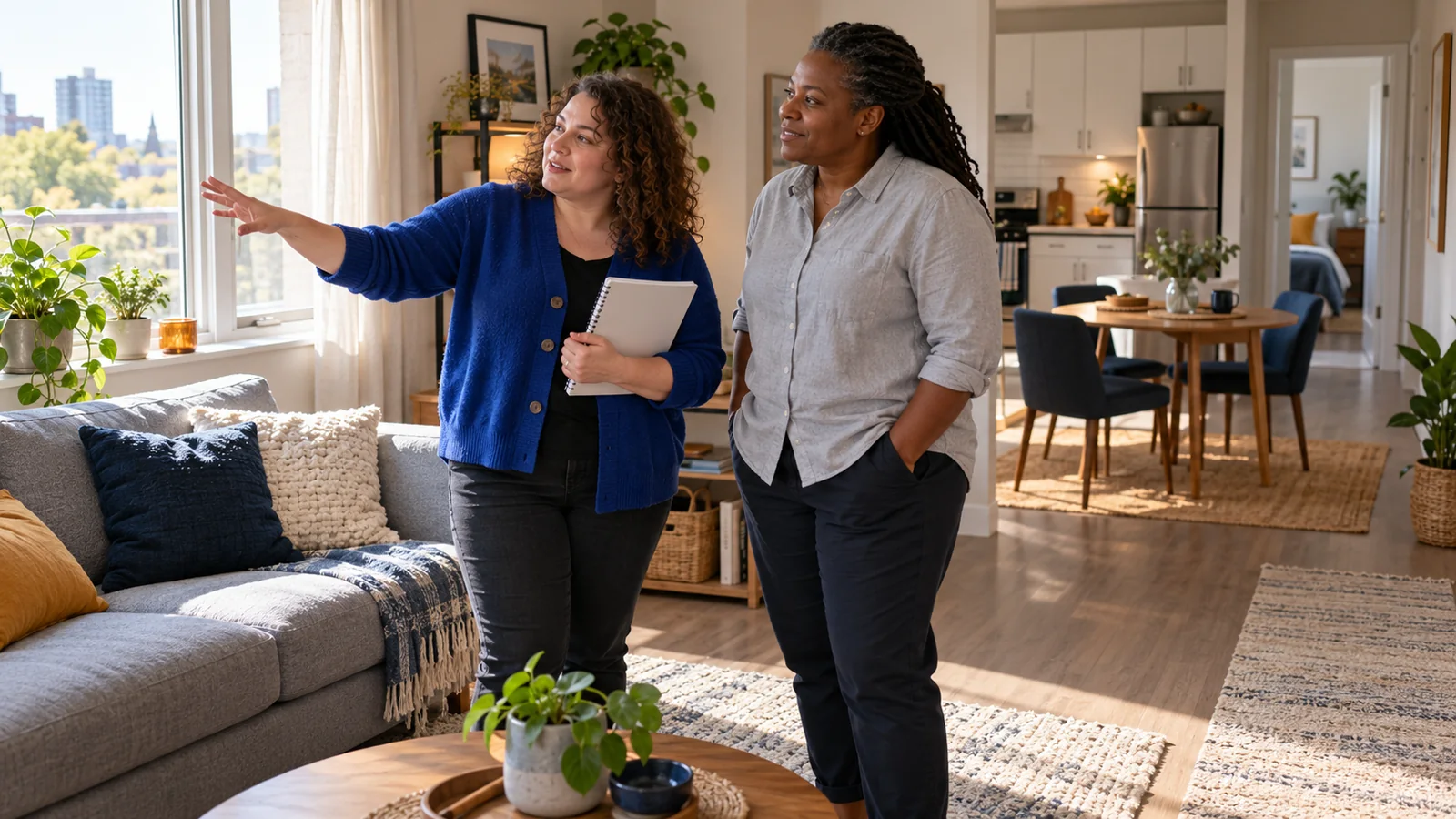 Illustration of an adult discussing an apartment’s layout with a support person while holding her own planning notebook.