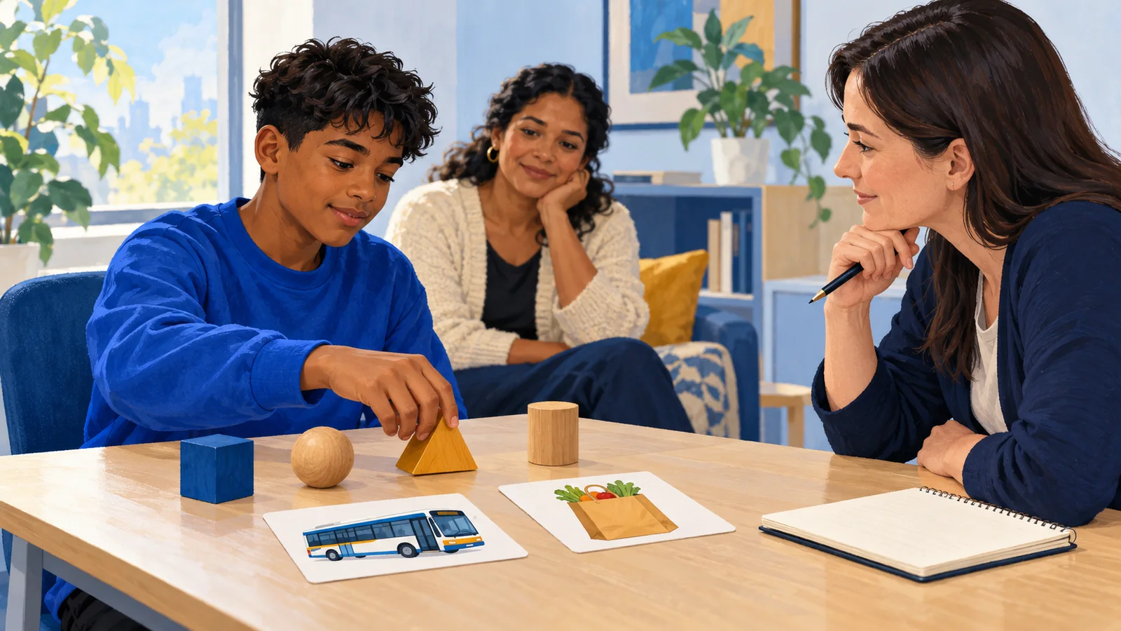 Illustration of a teenager participating in an individual assessment with a clinician and parent nearby.