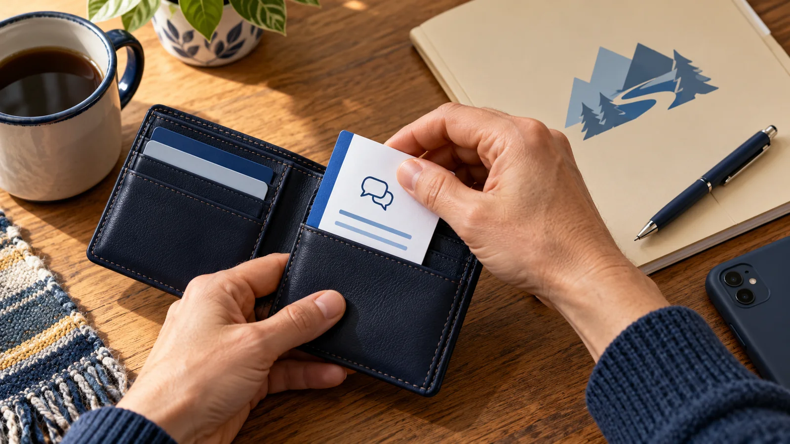 Illustration of hands placing a small communication card in a wallet beside a planning folder and face-down phone.