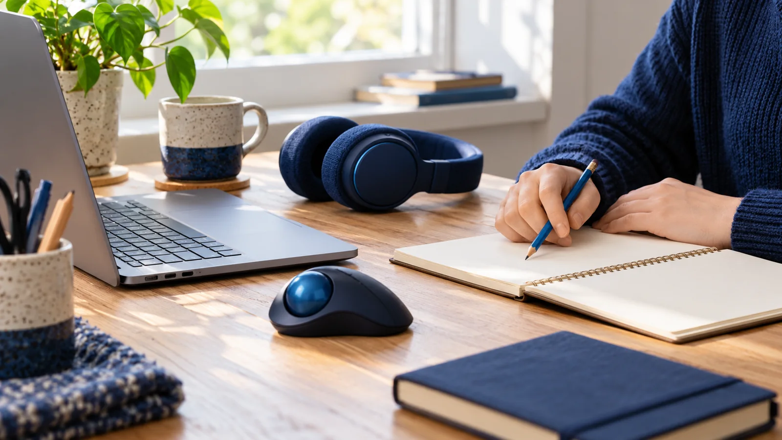A learning desk with a laptop, headphones, trackball and notebook.