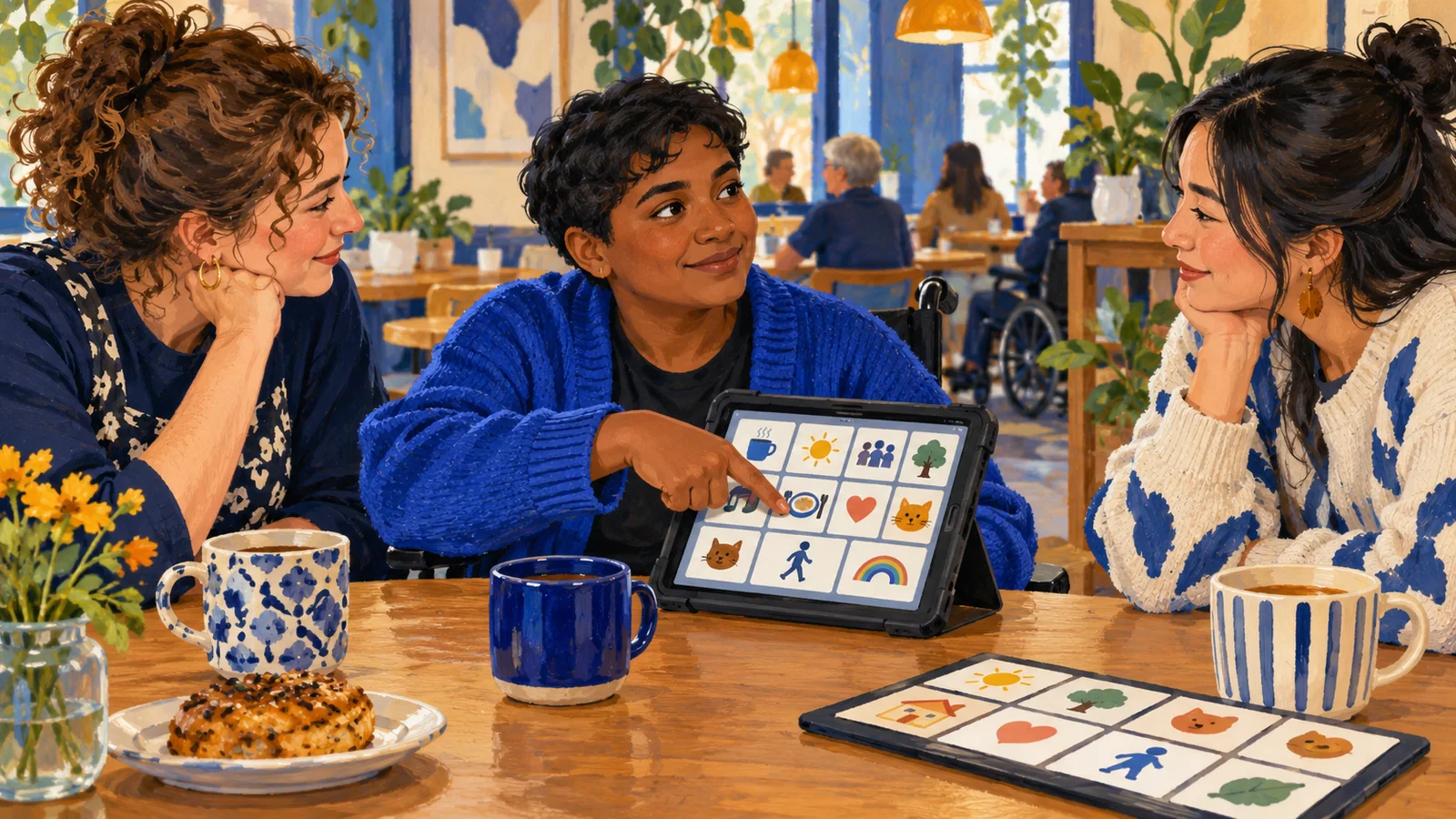 Illustration of an adult independently using a tablet communication board while friends listen in a cafe.
