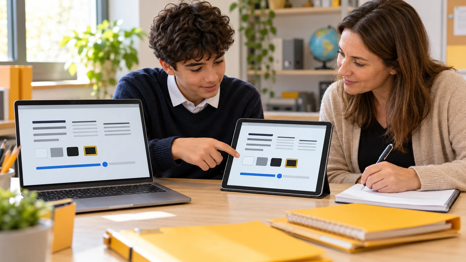 Illustration of a student and educator comparing text-size and contrast controls on a laptop and tablet.