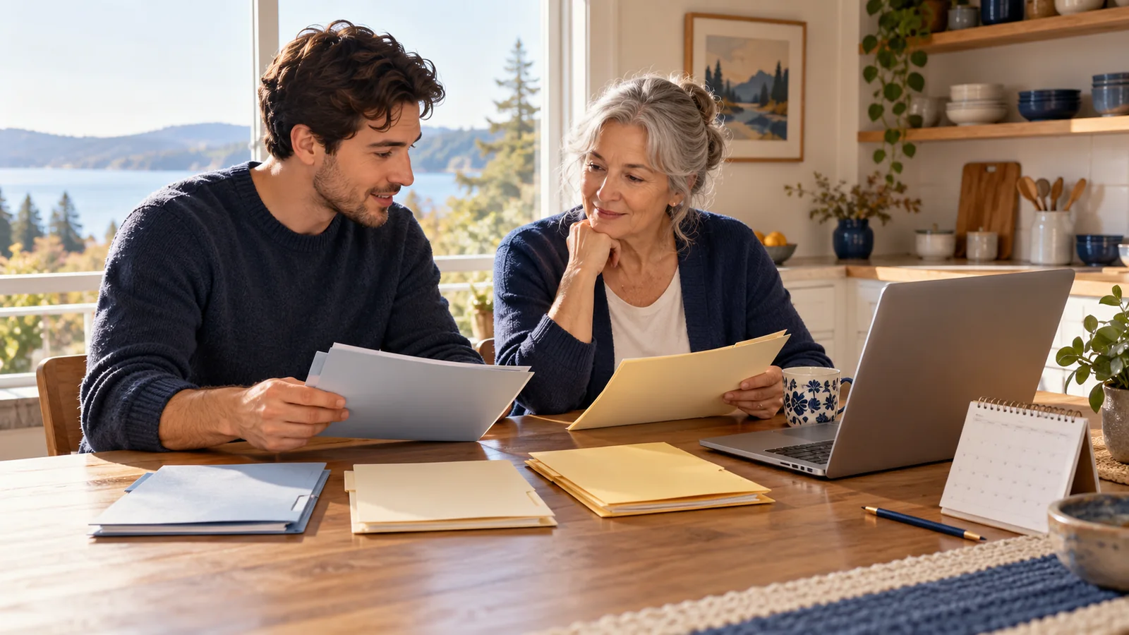Illustration of two adults organising plain folders and a calendar beside a laptop at a kitchen table.