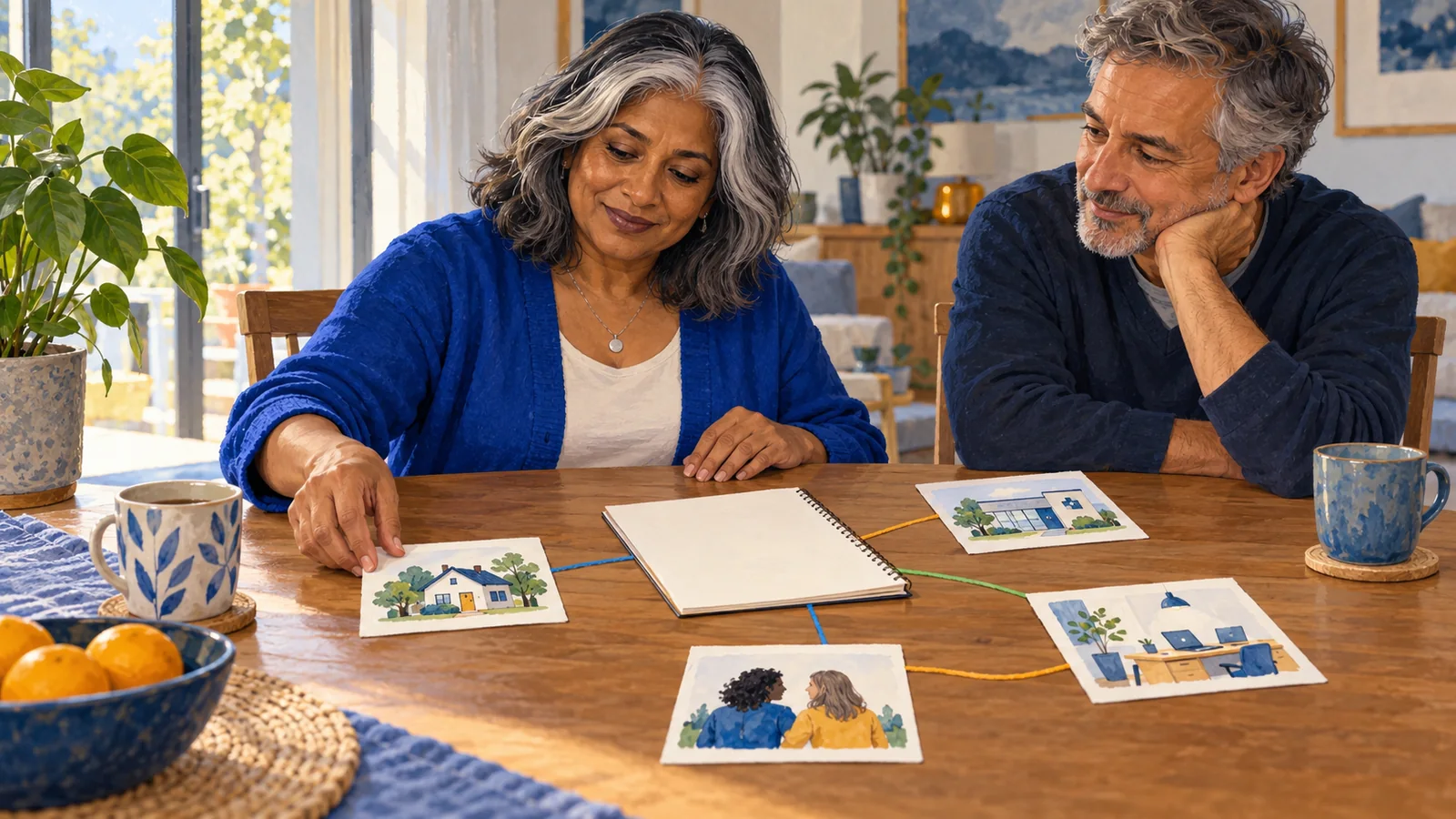 Illustration of a middle-aged adult arranging home, work, friendship and clinic cards into a personal support map.