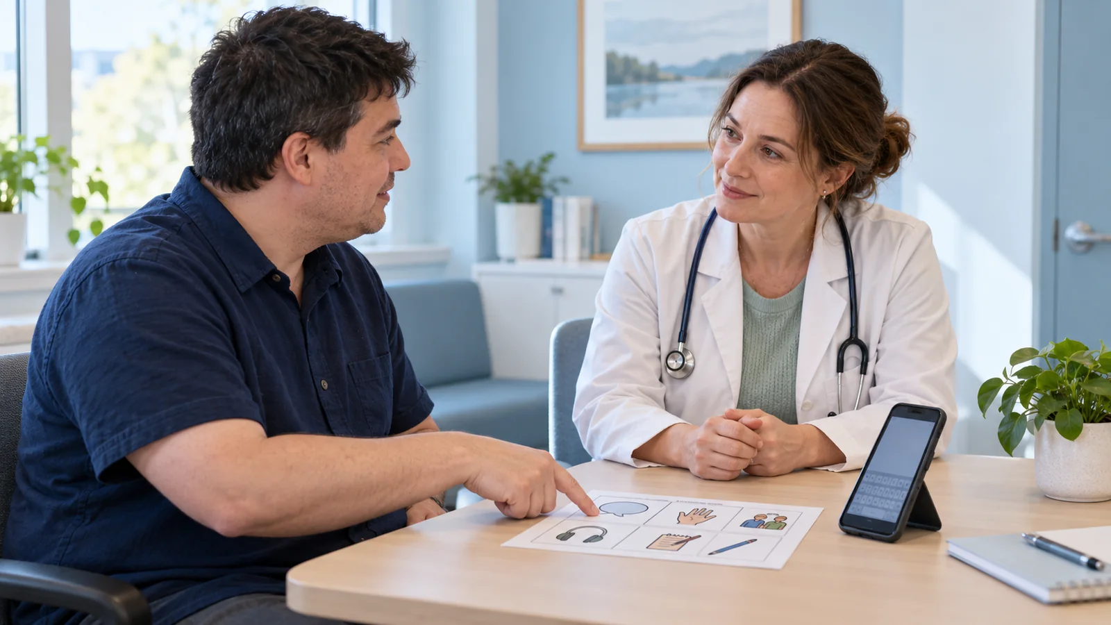 Illustration of an adult patient sharing a communication profile and phone with a clinician.