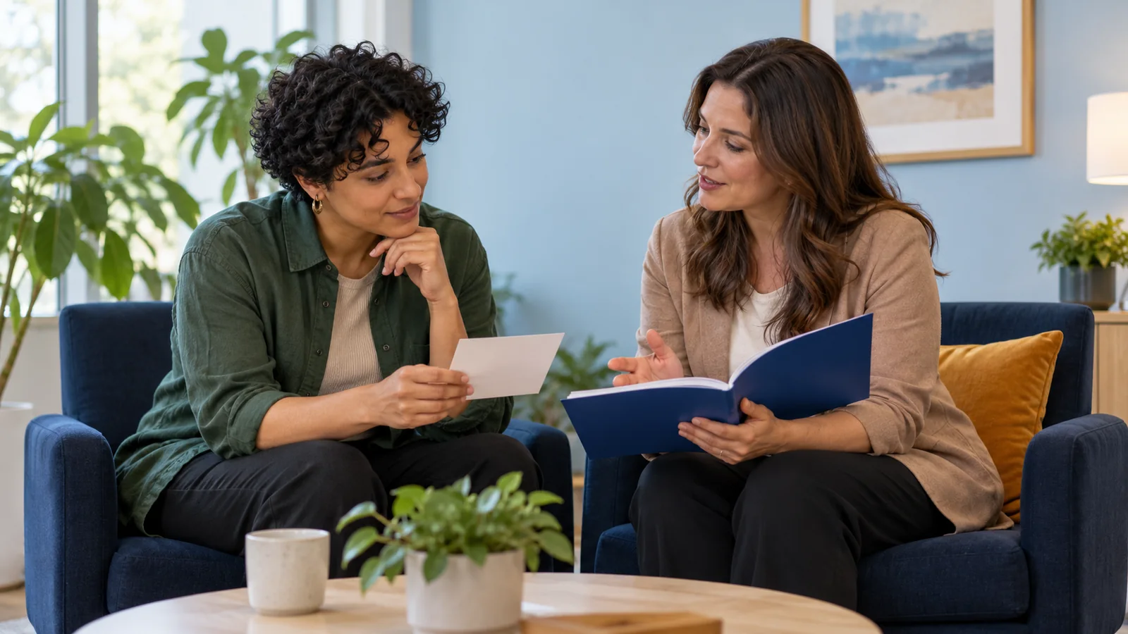 Illustration of an adult reviewing benefit details with a mental-health professional.