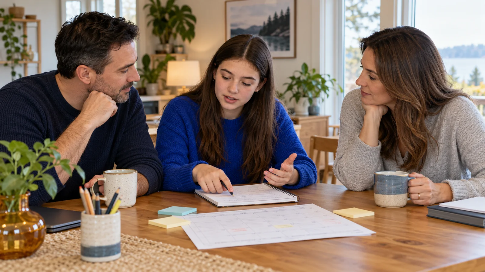 Illustration of a teenager contributing from her notebook during a family discussion around a calendar.