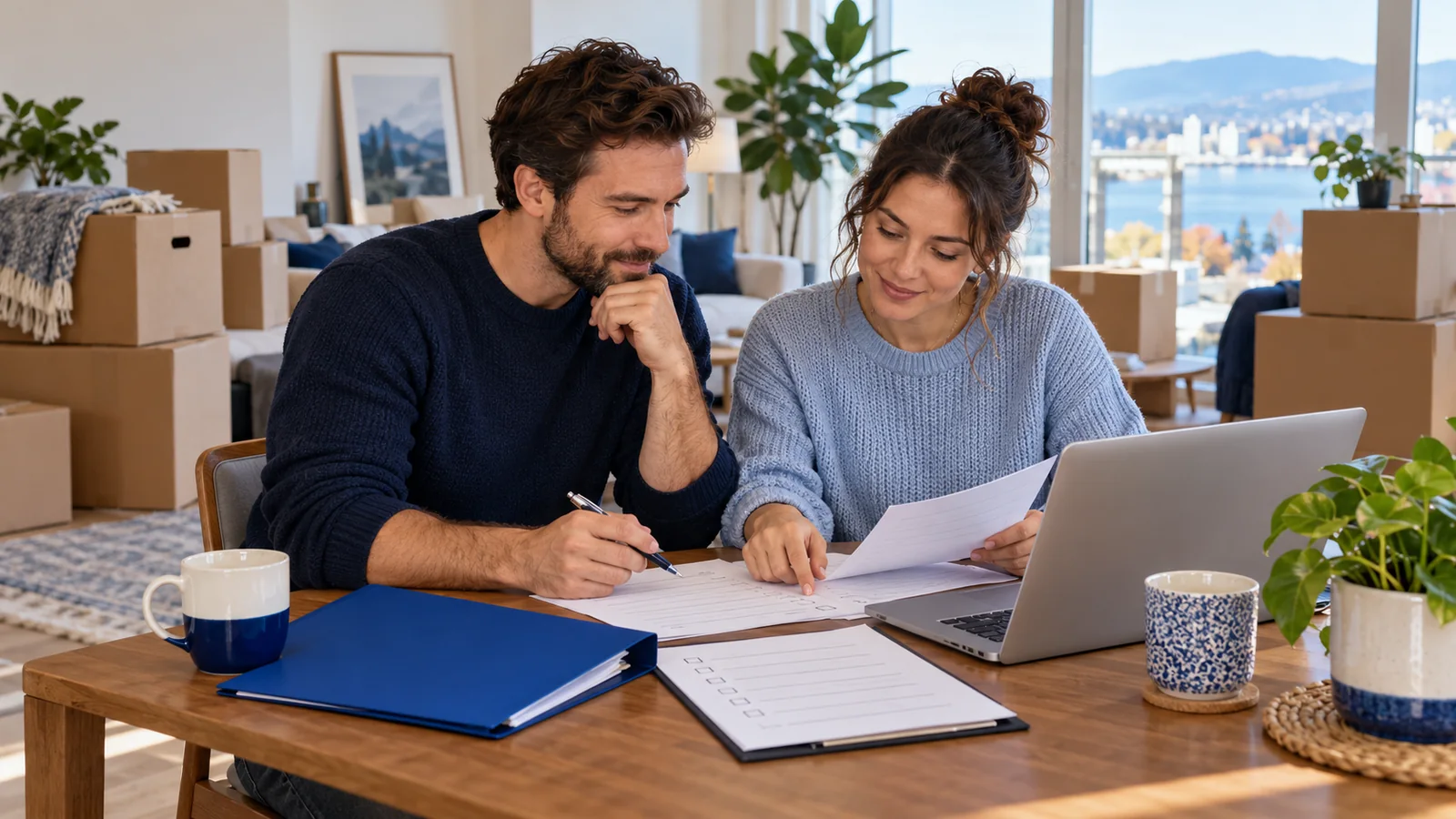 Illustration of two adults planning a move with documents at a table beside packed boxes.