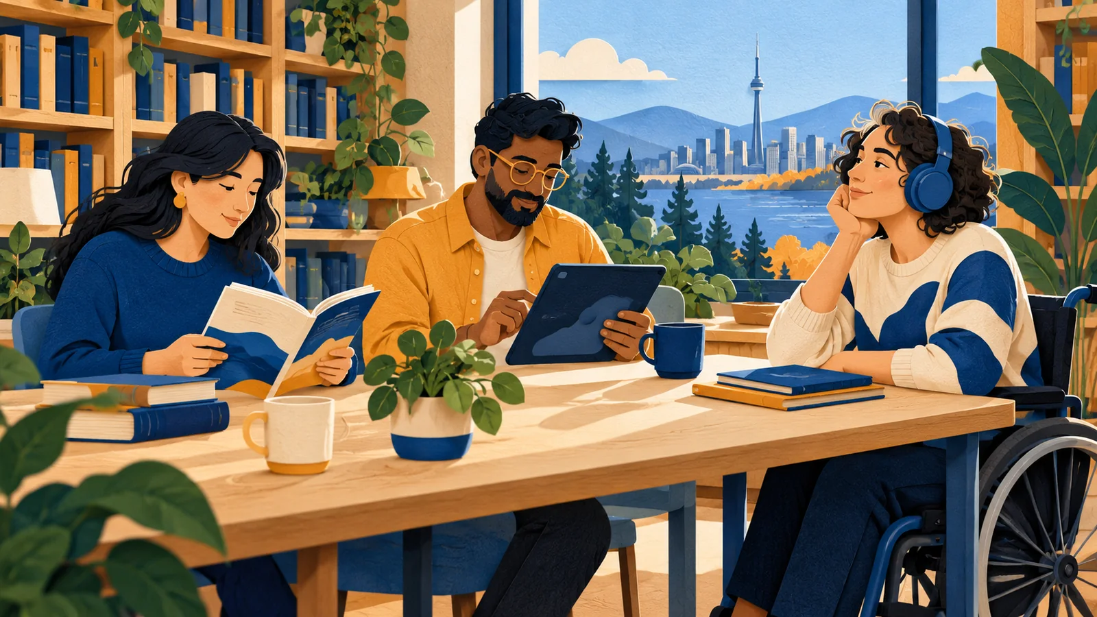 Illustration of three adults reading, using a tablet and listening with headphones at a library table.