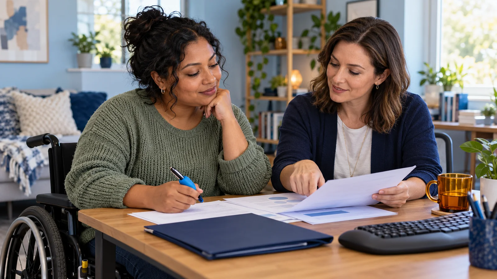 Illustration of an adult client reviewing a service estimate with an occupational therapist at a home-workspace table.