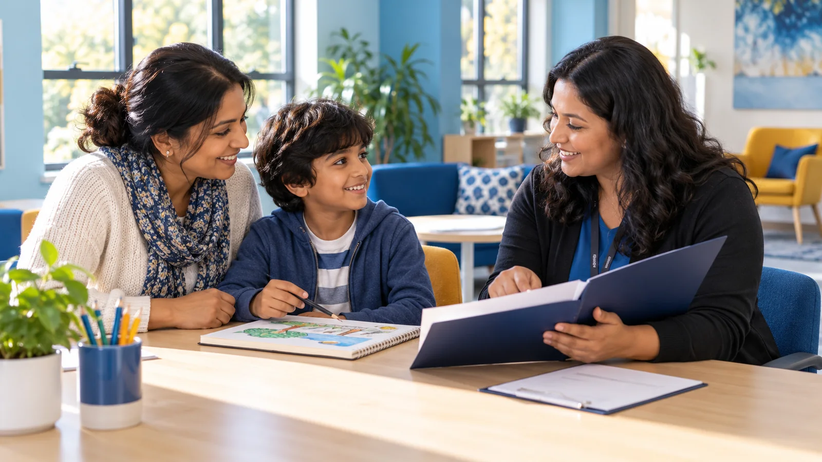 Illustration of a parent and child discussing programme information with a navigator at a community-centre table.