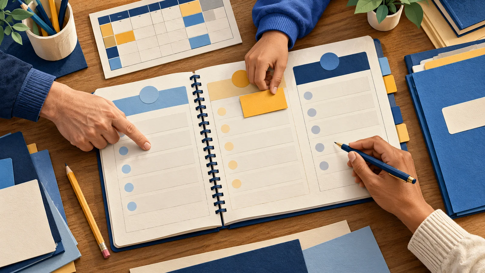 Illustration of three hands working together around an open planning notebook and a school-day calendar.