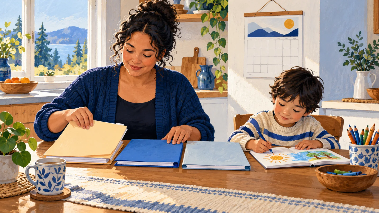 Illustration of a parent organising folders at a kitchen table while their child draws beside them.
