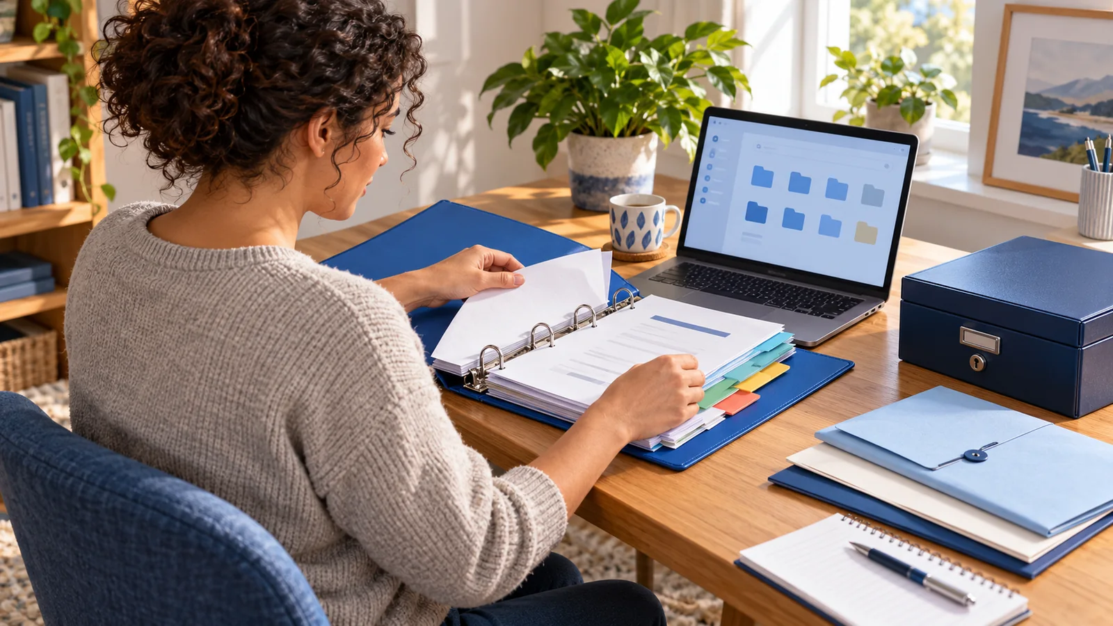 Illustration of an adult organising their own documents in a cobalt binder beside a laptop and lockable records box.