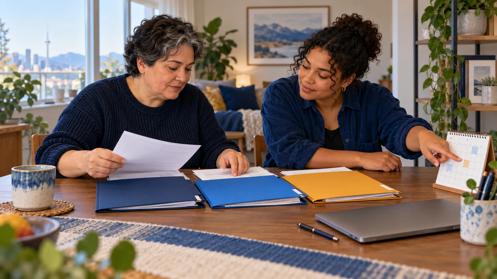 Illustration of an adult and chosen support person organising referral letters, folders and a calendar at a home table.
