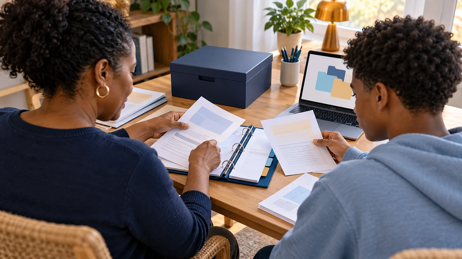 Illustration of a parent and teenager selecting school papers for a binder beside a closed document box and laptop.
