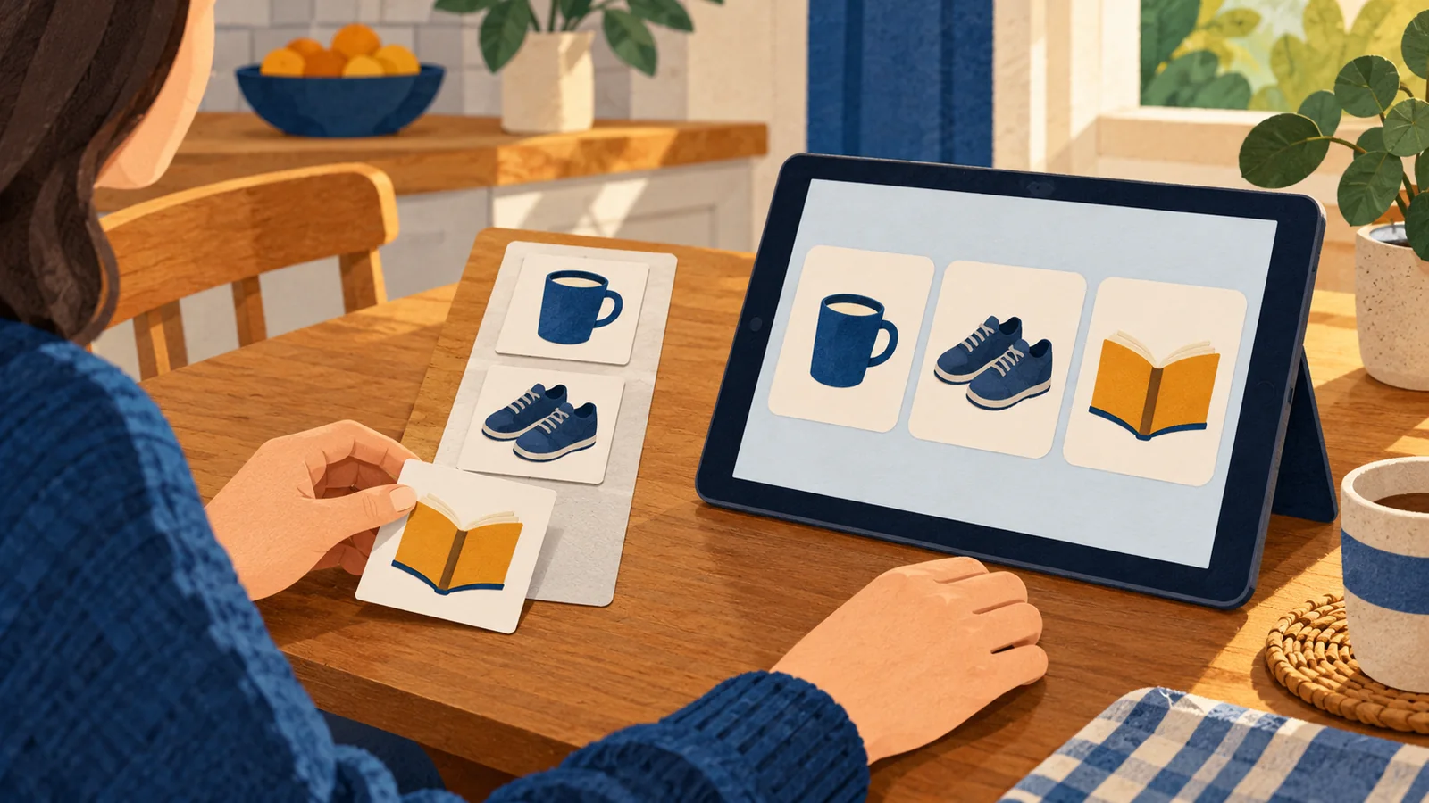 Illustration of hands comparing paper picture cards with matching icons on a tablet.