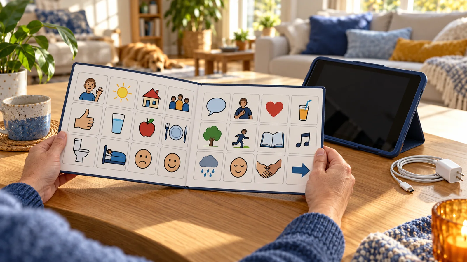 Illustration of hands holding a paper communication folder beside a tablet and charging cable on a table.