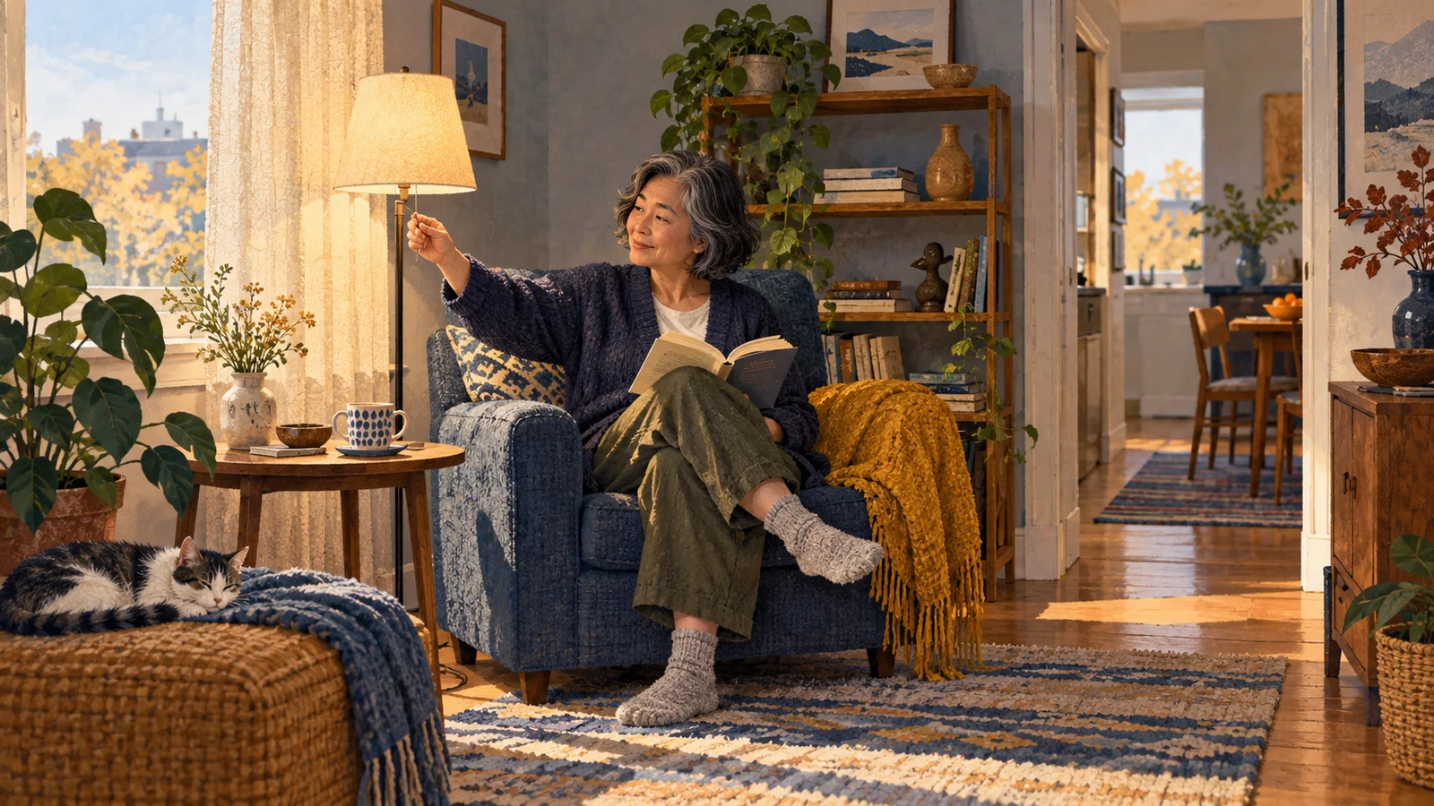 Illustration of an adult adjusting a lamp beside a reading chair in a lived-in apartment.