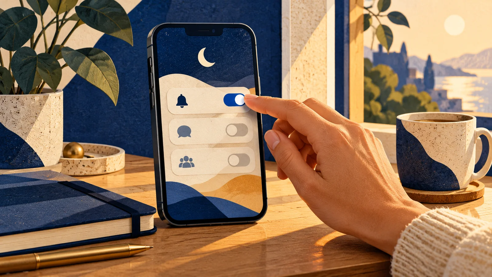 Illustration of a hand holding a phone with abstract notification toggles and a crescent icon.