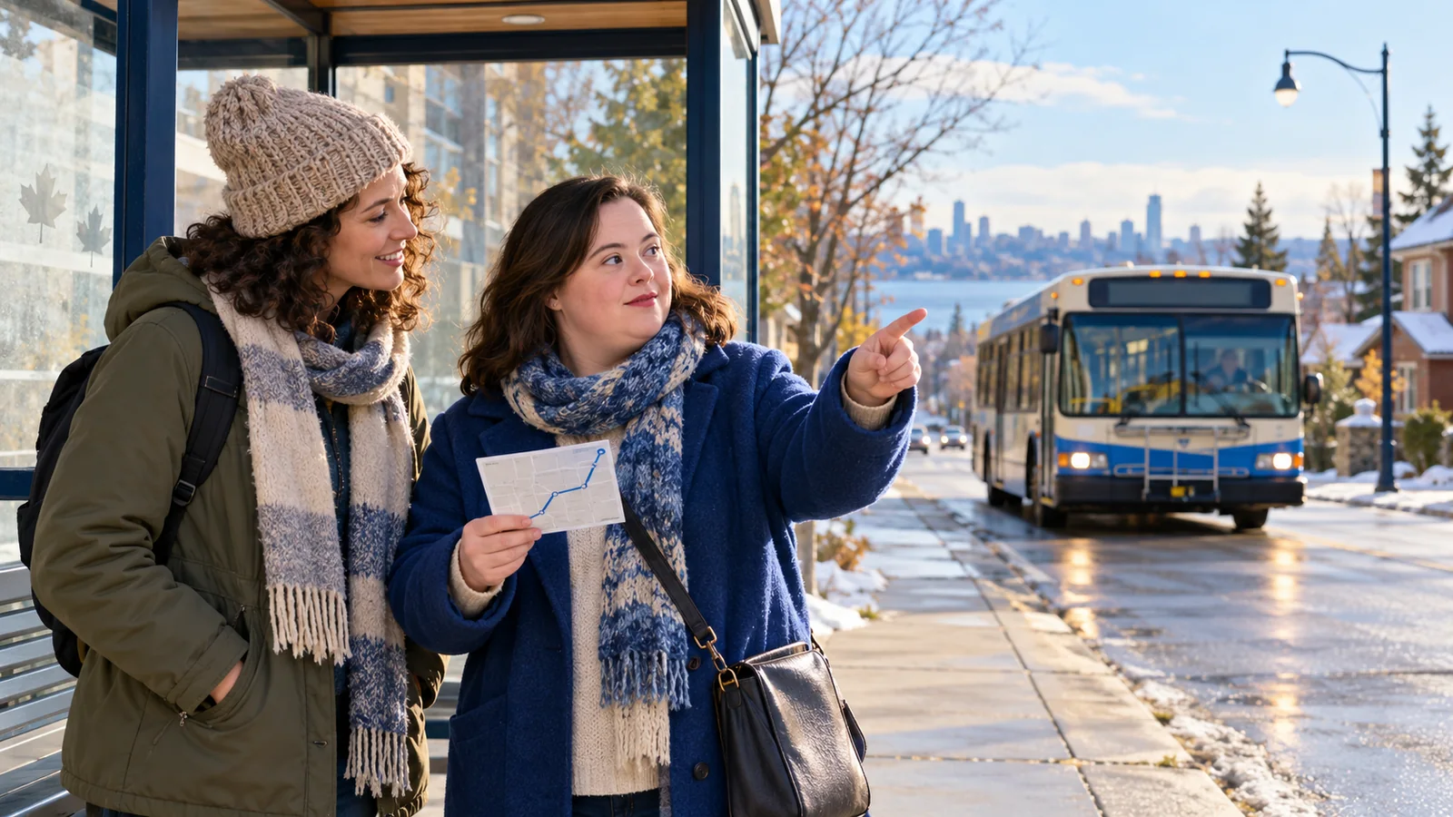 Illustration of an adult holding a route card beside a friend at a bus stop as a city bus approaches.