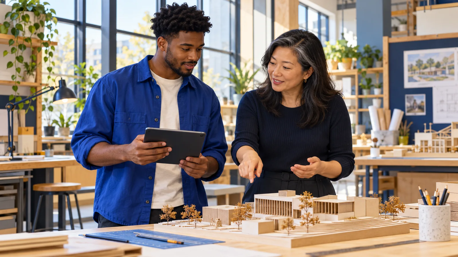 Illustration of a student and workplace supervisor discussing a model and tablet in a design studio.