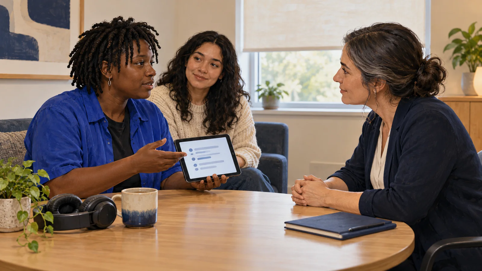 Illustration of an adult using a tablet to communicate with a professional while a chosen companion listens.