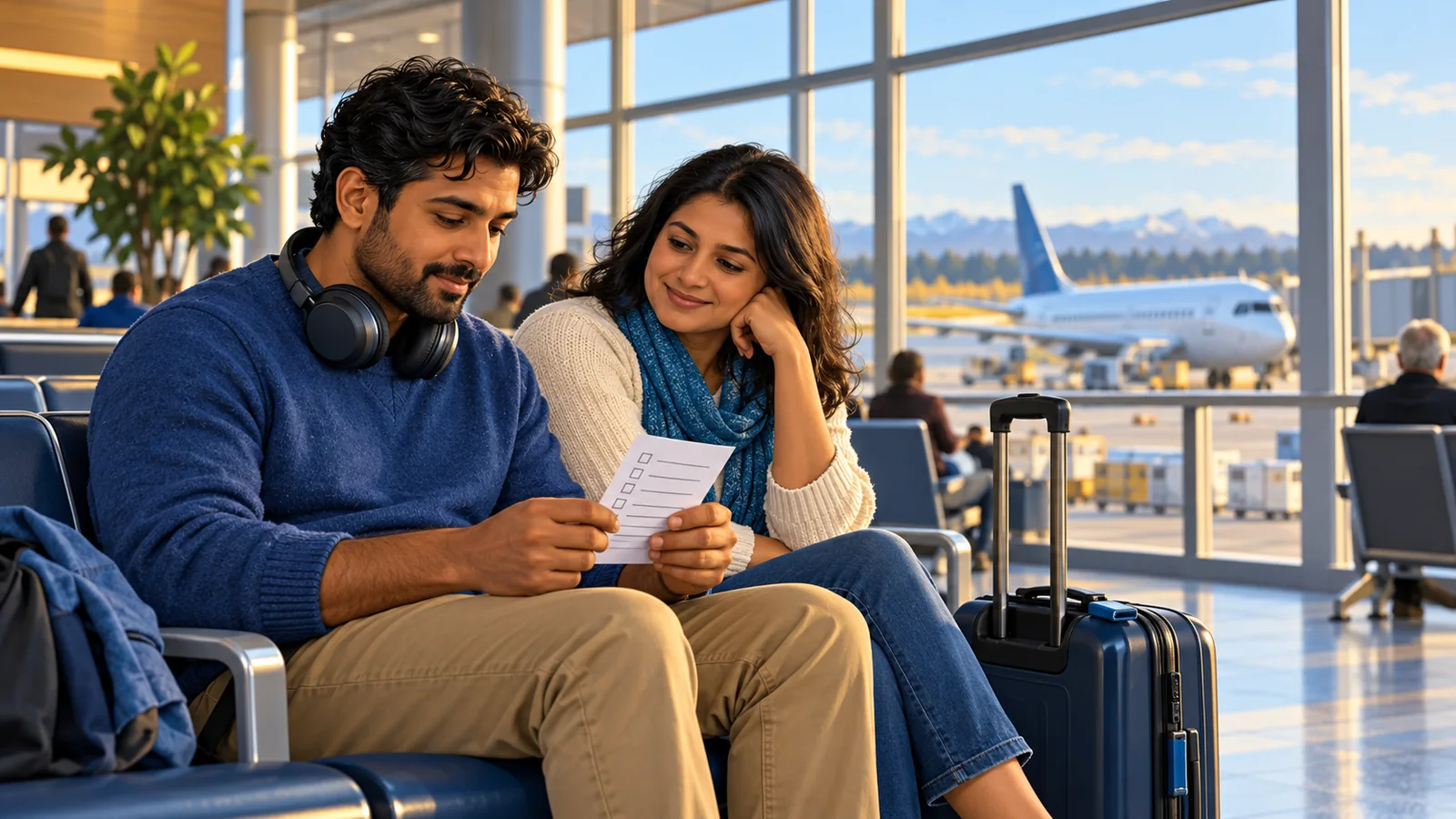 Illustration of an adult and companion reviewing a journey checklist in an airport lounge beside carry-on luggage.