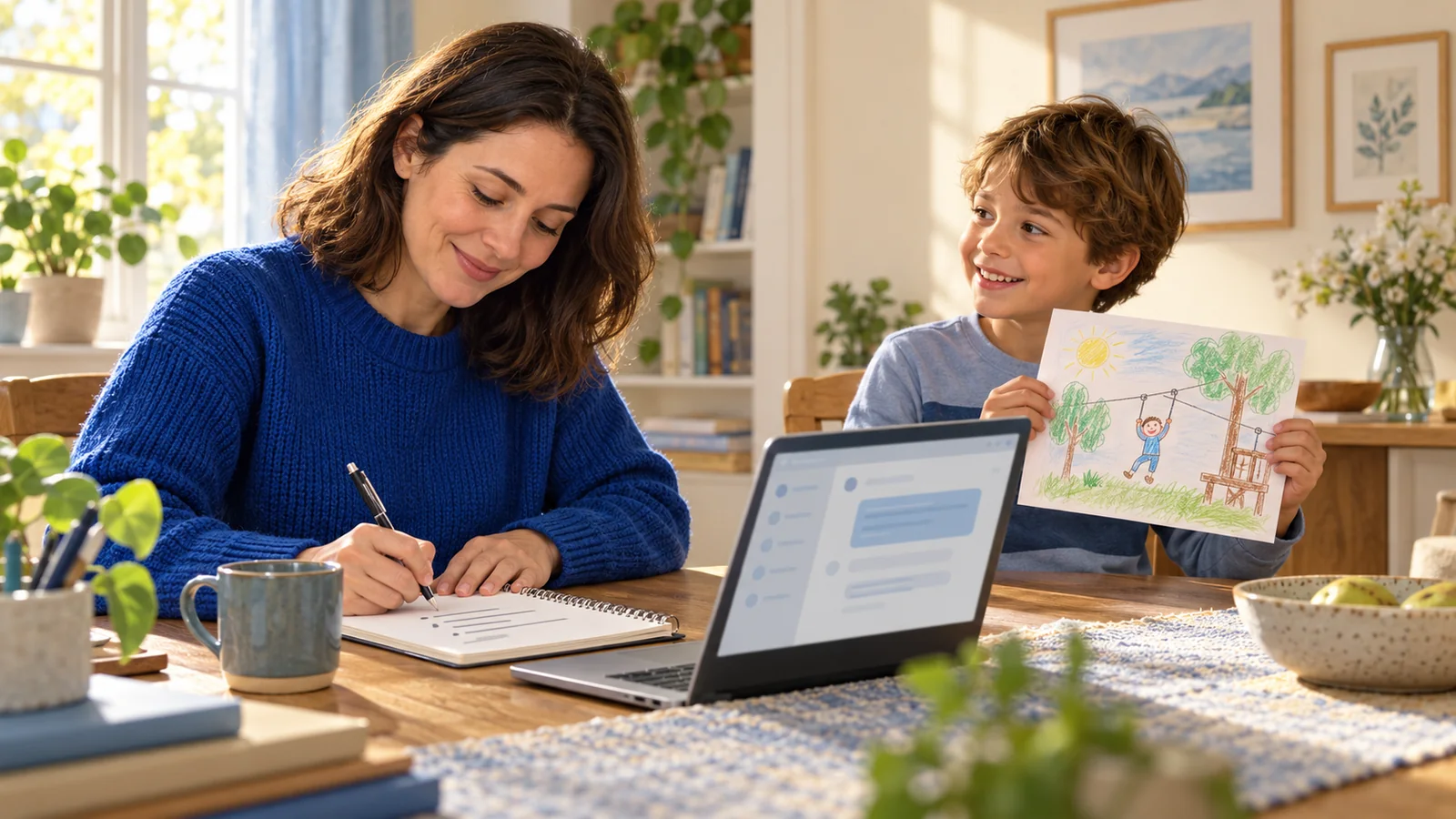 Illustration of a parent drafting a short school message while a child shares a drawing beside the desk.
