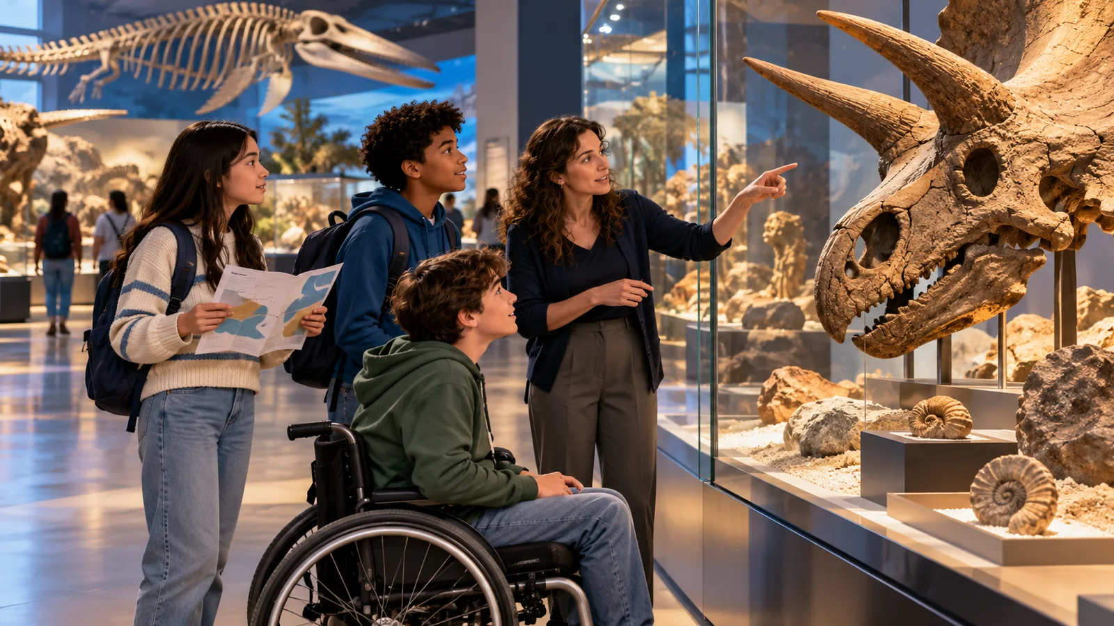 Illustration of three young people, including a wheelchair user, exploring a fossil gallery with an educator.