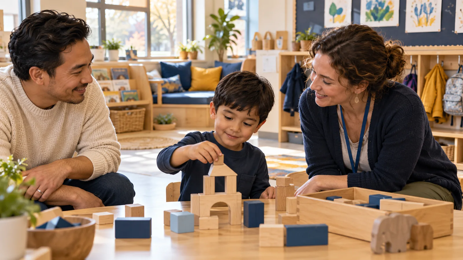Illustration of a young child exploring wooden blocks during a classroom visit with a parent and educator.