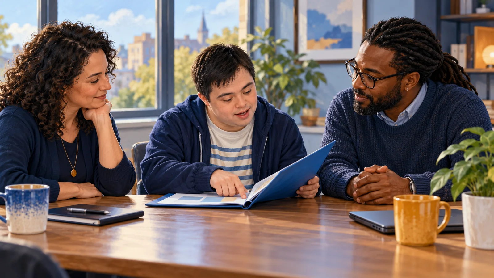 Illustration of an adult choosing information from a folder to discuss with two professionals during a service handover.