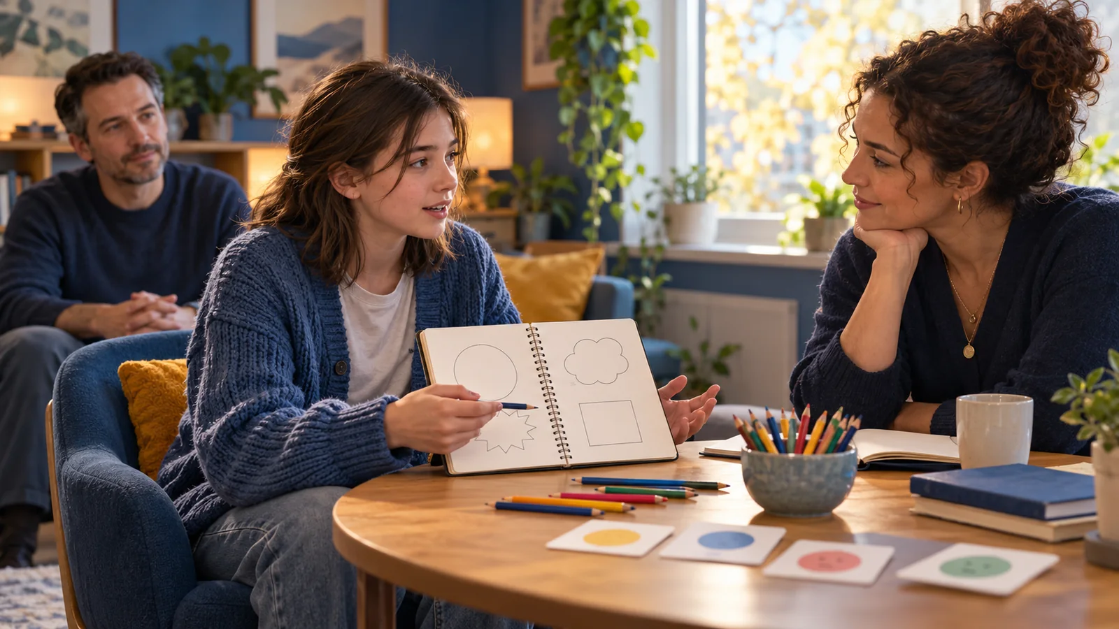 Illustration of a teenager using a notebook to explain a concern to a counsellor while a parent sits nearby.