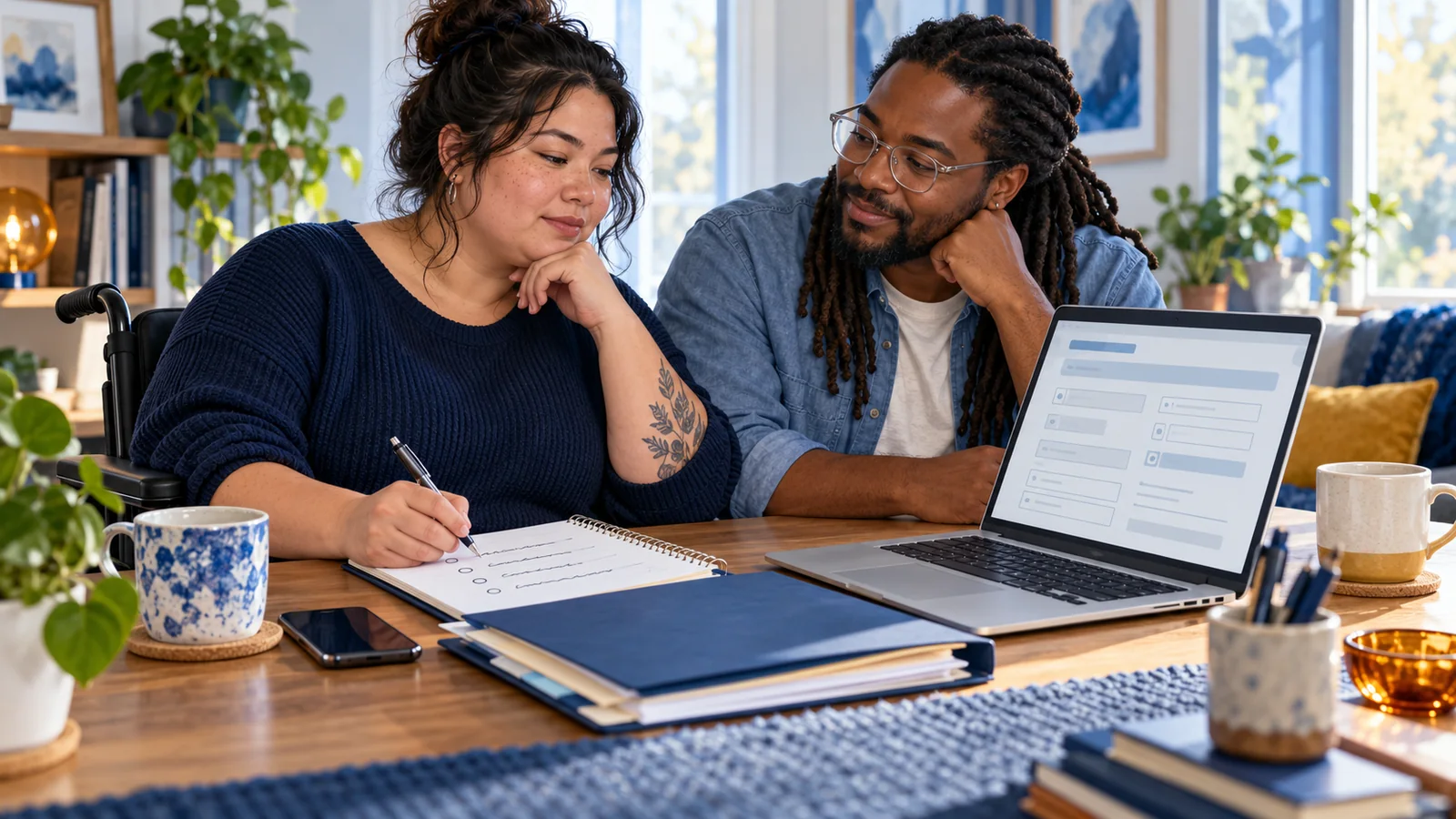 Illustration of an adult and chosen family member preparing application questions with a laptop and folder at home.